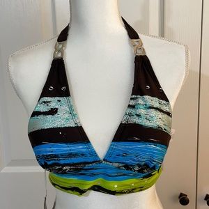 Bora Bora Women’s SZ 10 Multi Brown/Blue/Green Triangle Halter Bikini Top Tie